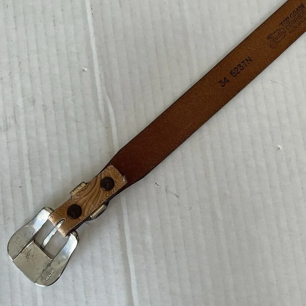 VTG 90s JUSTIN Top Grain Cowhide Leather Belt Tooled Floral Western Cowboy USA